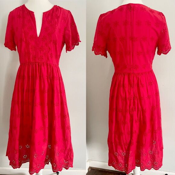Madewell Scalloped Eyelet Midi Dress in Red - Size 4 (Orig. $150) 100% Cotton - Picture 1 of 4